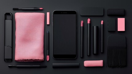 A flat lay of makeup items and a smartphone arranged neatly on a dark gray surface, creating a minimalist and stylish composition.