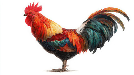 Fototapeta premium rooster crowing in morning light with colorful tail isolated on white