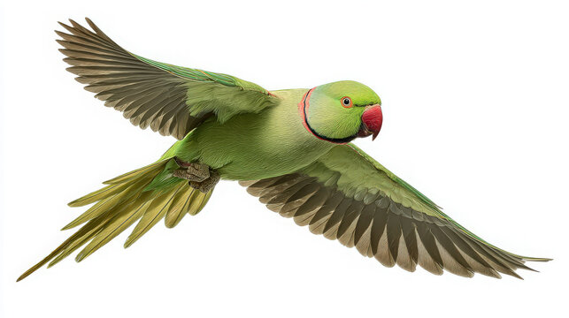 ring-necked parakeet flying on white background