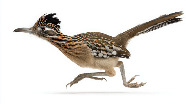 fast roadrunner in motion with crest raised on white background