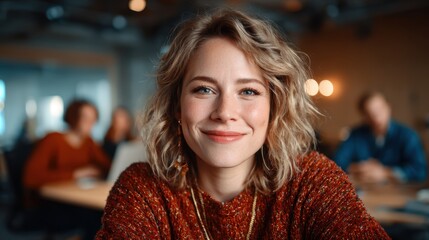 A confident woman smiles warmly at the camera in a cozy office environment, reflecting a sense of accomplishment and positivity among her fellow colleagues in the background.