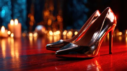 A pair of elegant high heels placed gracefully on a stylish background illuminated by soft lighting and candles, exuding luxury and sophistication perfect for fashion enthusiasts.