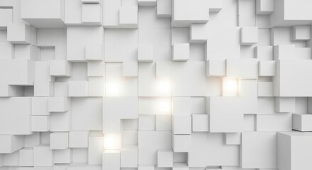 Geometric design of stacked white cubes with interspersed subtle lighting effects