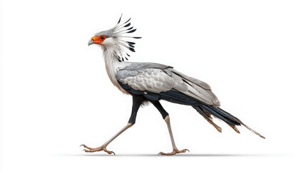Fototapeta premium secretary bird walking on white background with quill-like feathers