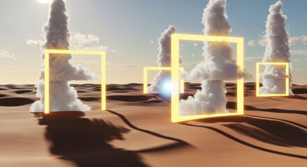 Surreal desert landscape with luminous geometric shapes framing cloud formations