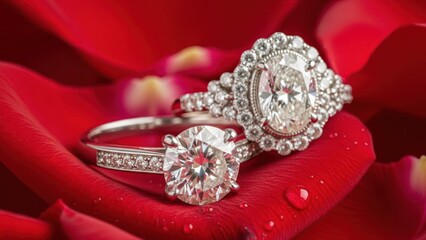 Two sparkling diamond rings, a round solitaire and an oval halo, on a romantic background of red rose petals with water drops.