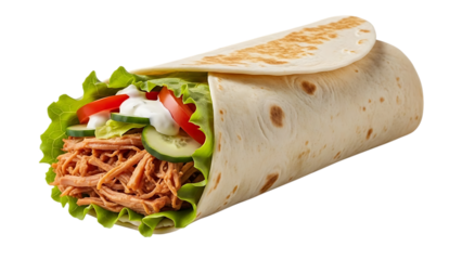 A delicious pulled meat wrap, with fresh lettuce tomato and cucumber slices and a creamy sauce, isolated on white or transparent background. PNG