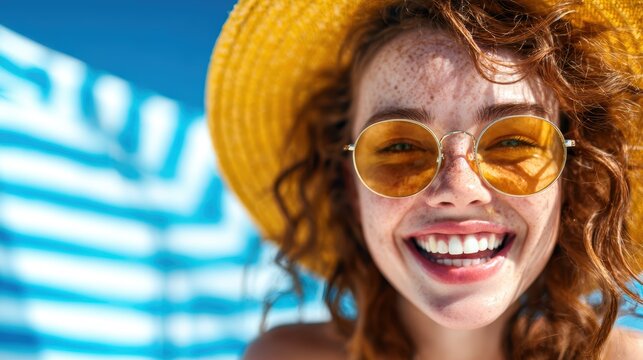 A cheerful young woman in a straw hat, laughing joyfully by the poolside, embodying relaxation and happiness, perfect for travel or summer-themed imagery.