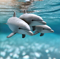 Naklejka premium Three dolphins swimming together in clear blue water, playful marine mammals enjoying ocean environment