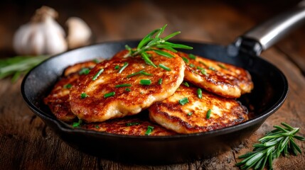 A tempting stack of golden brown pancakes garnished with herbs, freshly cooked in a cast iron skillet, perfect for breakfast or brunch with family and friends.