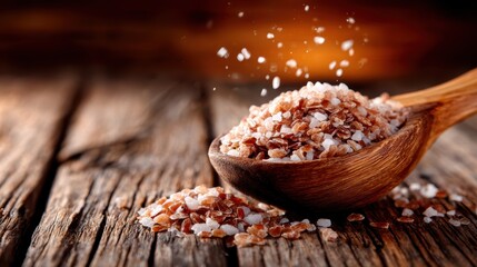A rustic wooden spoon filled with beautiful Himalayan pink salt captures the essence of natural seasoning, showcasing its rich colors and textures elegantly against a wooden table.