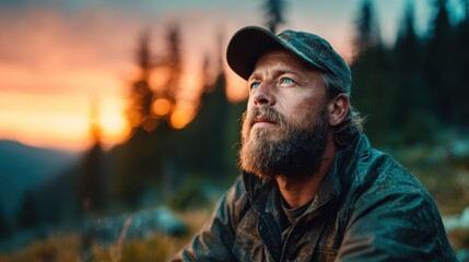 A contemplative man gazing upwards in a mountain landscape at sunset, exemplifying introspection and connection to nature, evoking feelings of peace and wonder in a scenic backdrop.