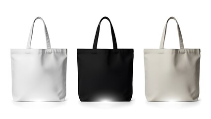 Set of three blank canvas tote bags in white, black, and beige colors, perfect for eco-friendly product mockups, branding, and sustainable shopping concepts.
