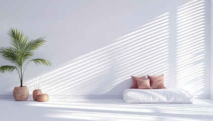 A minimalist interior scene featuring a palm tree in a woven pot, decorative vases, a white daybed with pillows, and sunlight streaming through a window.