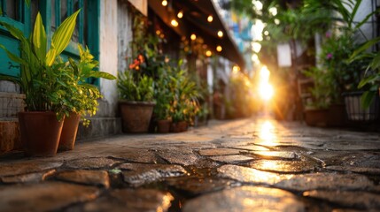 Obraz premium A beautifully illuminated alleyway adorned with vibrant pots of plants embodies a lively and warm atmosphere, perfect for leisurely strolls in a picturesque urban setting.