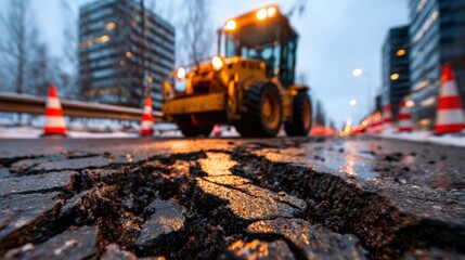 A construction vehicle is in focus near cracked pavement, highlighting the need for urban repair and revitalization in a contrasting weathered and modern setting.