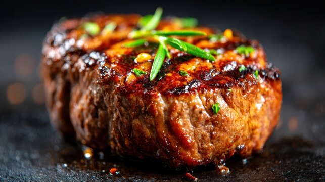 A mouthwatering grilled steak, perfectly seared and garnished with fresh herbs, showcases culinary expertise and highlights the beauty of cooked meat.