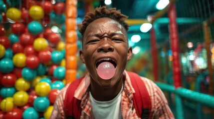 A young boy enthusiastically blows a bubble with pink bubblegum in a vibrant play area filled with colorful balls, showcasing joy and playful energy.