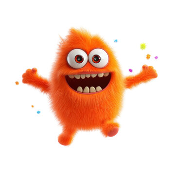Cheerful orange fluffy monster with big eyes and open mouth