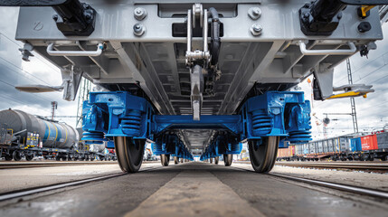 Fototapeta premium Underside view of modern railway freight train with blue suspension.