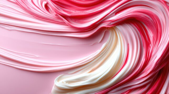 A stunning abstract close-up of pink and cream paint swirled together showcases vibrant artistry and creativity, emanating emotional depth and visual intrigue.