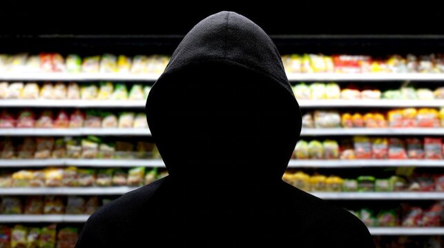 A dark figure stands silently in a grocery store, hooded and faceless, amidst bright food products on the shelves. The contrast captures an eerie yet intriguing atmosphere during evening hours