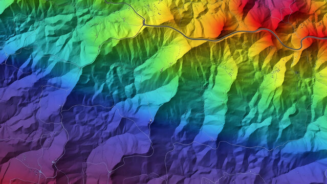 Digital Elevation Model Colorful Topographical Map Representing Terrain Features and Geographic Data