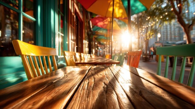 A charming café scene featuring colorful umbrellas and warm sunlight creating a cozy and inviting atmosphere for outdoor dining, perfect for friends and family gatherings.