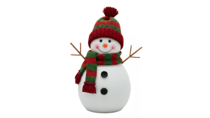 Festive snowman with red and green striped hat and scarf on transparent background