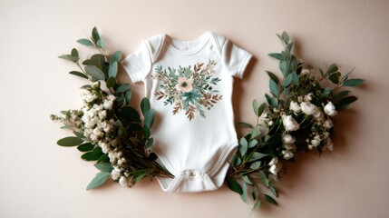 An adorable baby onesie adorned with floral designs, surrounded by delicate blossoms, evoking feelings of tenderness and love, symbolizing new beginnings and family joy.