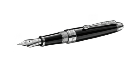 Elegant black fountain pen with silver accents on black background