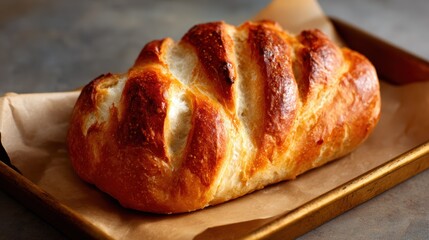 This delectable loaf of bread, freshly baked to golden perfection on a tray, evokes warmth and comfort, making it a delightful centerpiece for any kitchen scene.