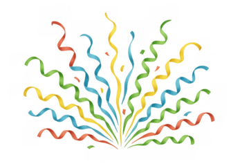 Colorful confetti and streamers exploding for party celebration with transparent background