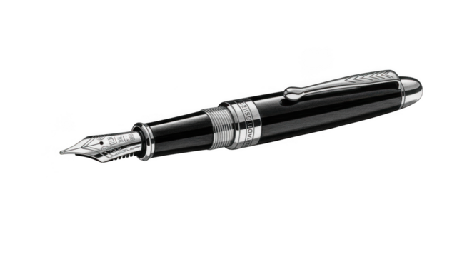 Elegant black fountain pen with silver accents on black background