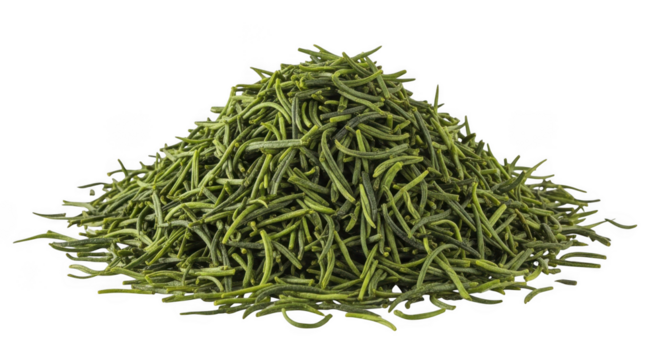 Heap of dried green tea leaves ready for brewing a refreshing beverage transparent background white background