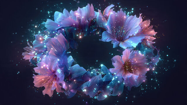 An ethereal wreath of glowing, translucent flowers in vibrant blue, purple, and pink hues, surrounded by sparkling particles on a dark background.