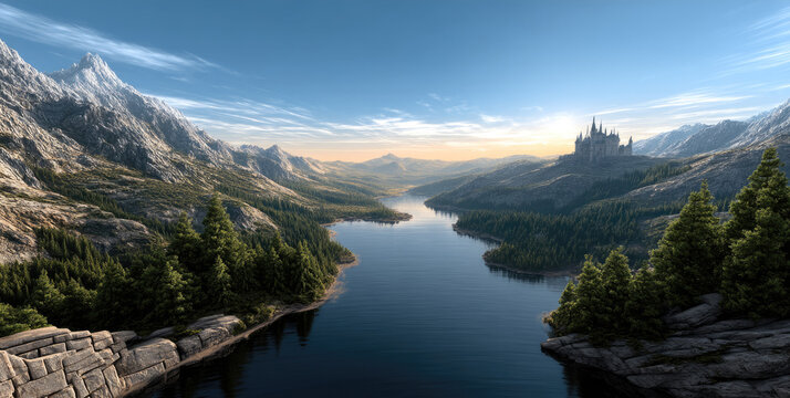 Majestic mountain landscape with serene river, lush pine forest, distant castle, clear sky, and tranquil atmosphere at sunrise - Powered by Adobe