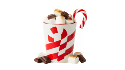 Festive mug filled with marshmallows chocolate and a candy cane for a holiday treat on transparent background
