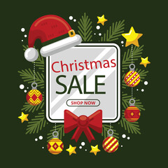 Festive Christmas sale banner decorated with a Santa hat, stars, ornaments, and winter elements. Bright and cheerful design ideal for holiday promotions and seasonal advertising campaigns.