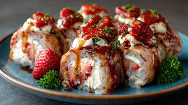 A visually appealing plate of sushi rolls topped with fresh strawberries and creamy sauce, showcasing a delightful fusion of flavors and culinary artistry.
