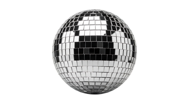 Silver Disco Ball, Covered in Small Reflective Mirror Tiles, isolated on white or transparent background. PNG