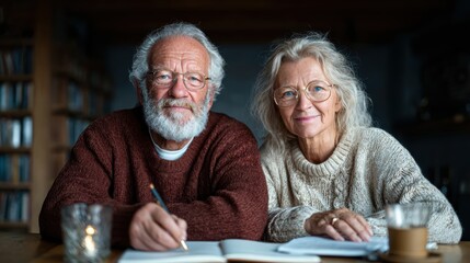 A joyful elderly couple, sitting closely together at a table, smiles warmly while engaging in conversation, creating an inviting atmosphere filled with love and companionship.