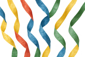 Colorful falling streamers for a festive celebration background. Swirling red, yellow, blue, and green party ribbons on transparent