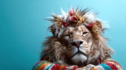 A majestic lion wrapped in a colorful sweater exudes personality and charm, showcasing an artistic and humorous representation of wildlife in a whimsical setting.