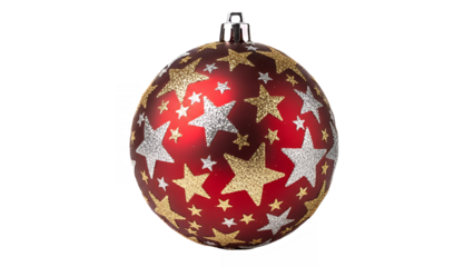 Festive red christmas ornament with gold and silver stars on transparent background