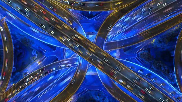 Aerial Night City Highway Interchange Traffic Hyperlapse