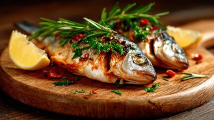 Savor the flavor with beautifully grilled fish garnished with fresh herbs and lemon, creating a mouthwatering culinary presentation for delicious dining.