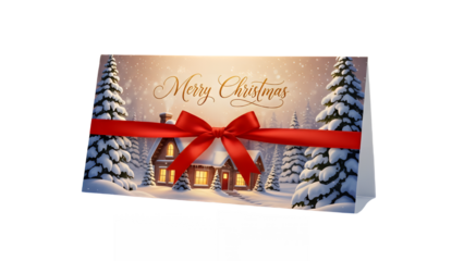 Merry christmas card featuring a snow covered house with a red ribbon wrap on transparent background