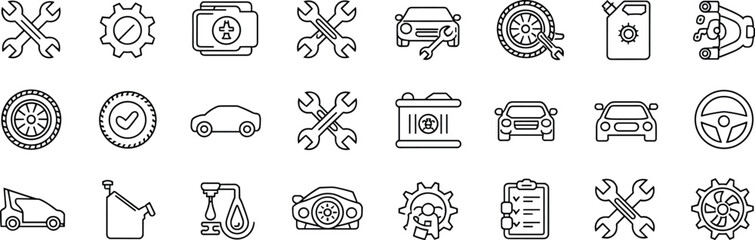 Mega Auto Service and Car Maintenance Outline Icon Set, Covering Engine Repair, Oil Change, Tires, Batteries, and Vehicle Inspection Symbols for Mechanic Services and Apps.