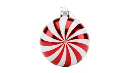 Festive christmas ornament with red and white stripes on transparent background